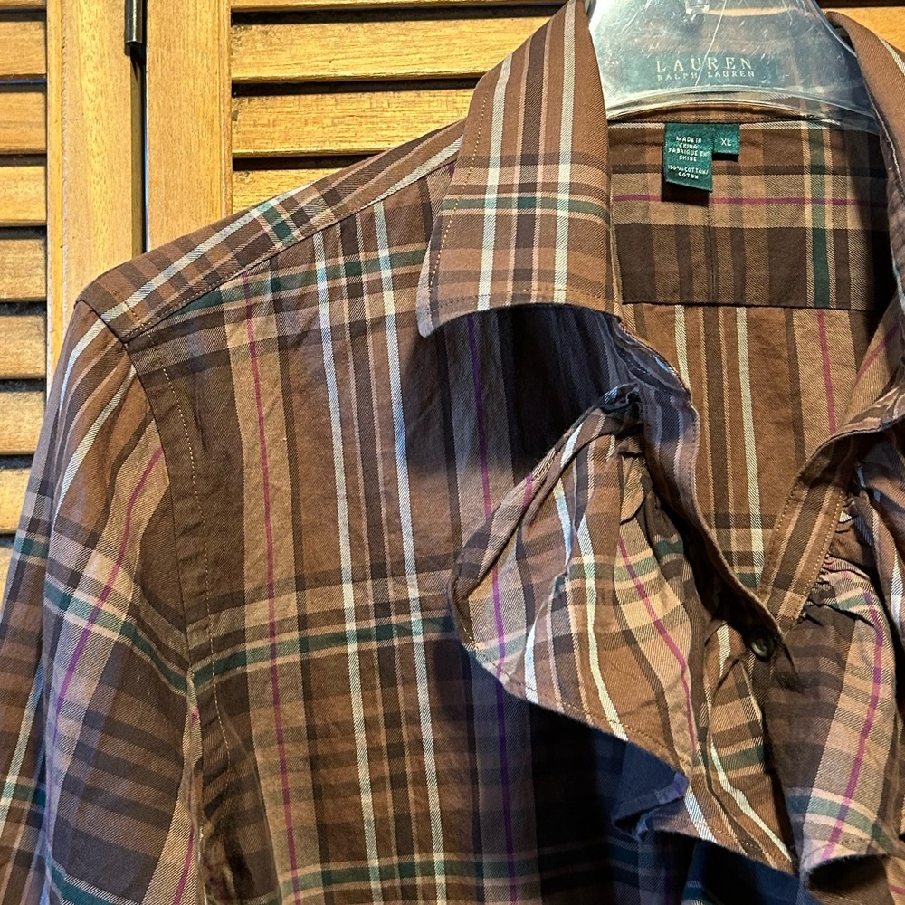 Lauren Ralph Lauren Brown, Tan, Green, Red and White Plaid Ruffled Shirt - Picture 5 of 16